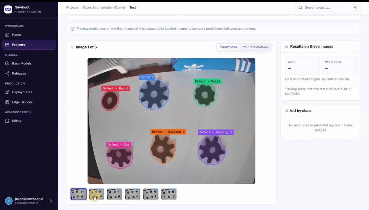 Newboot Computer Vision test screen showing gears with detected defects outlined and labelled by class